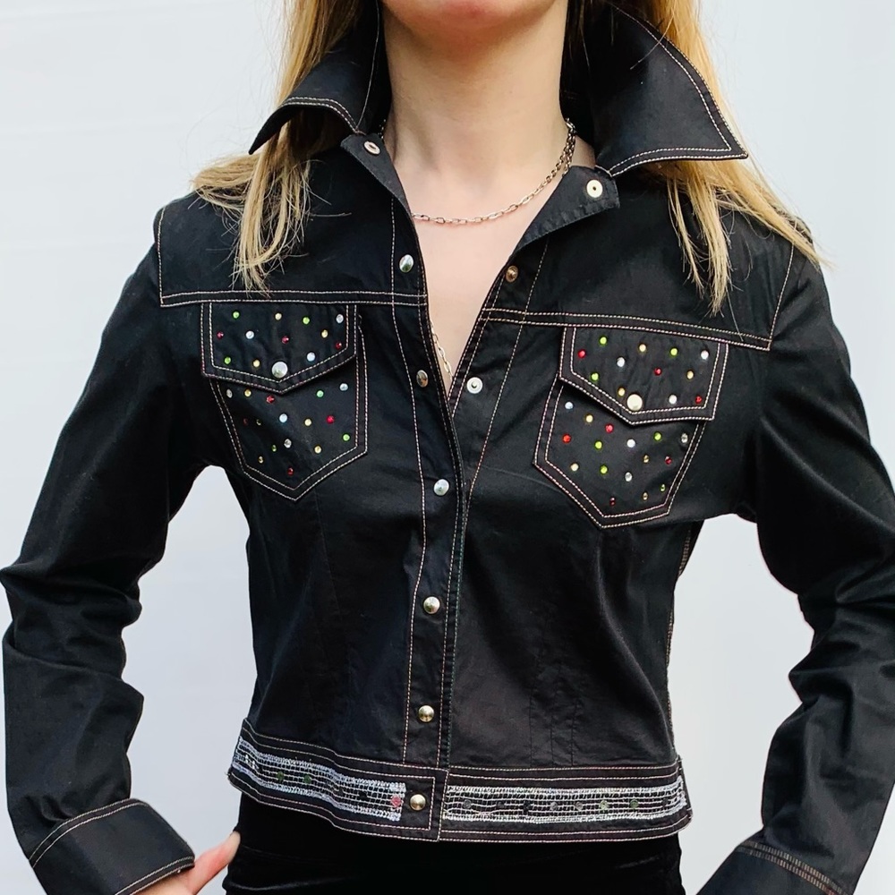 Black cotton collared short summer blazer accented with shiny colored beadings